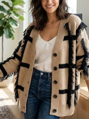 Fringe Tan & Black Checker Cardigan Sz.L
